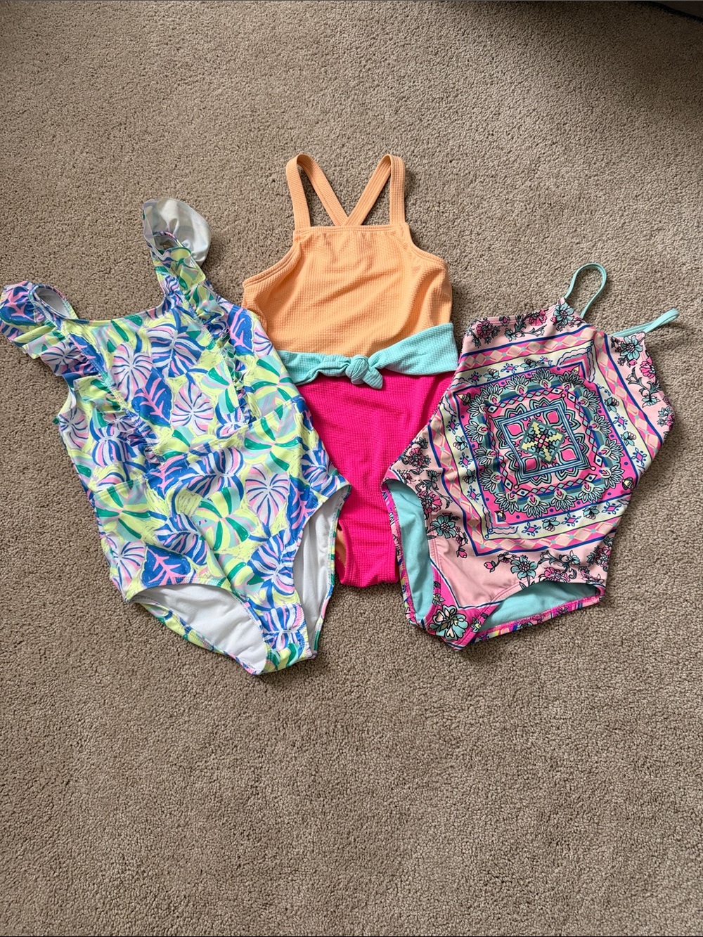 Lot of 3 Girls' Colorful One-Piece Swimsuit Trio - Tropical, Peach & Pink Prints